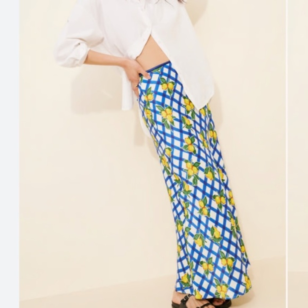 ANTHROPOLOGIE Blue and White silky satin Checkered Lemon Print Skirt large
